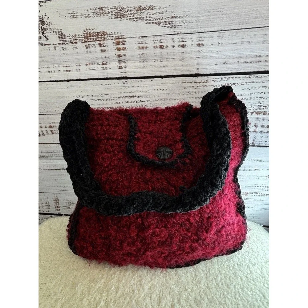 Handmade Crochet Purse Lined Red Black Fuzzy Whimsigoth Fairy Grunge Witchy